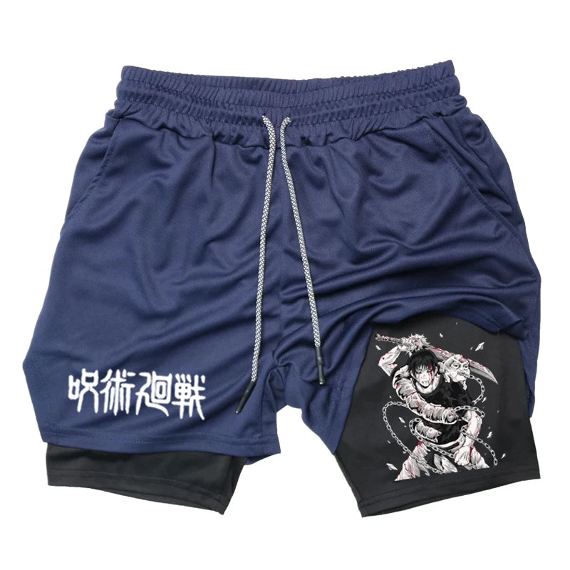 Anime Performance Shorts Toji Printed Men GYM Casual Sports Shorts Workout Running Mesh 2 in 1 Sport Short Pants