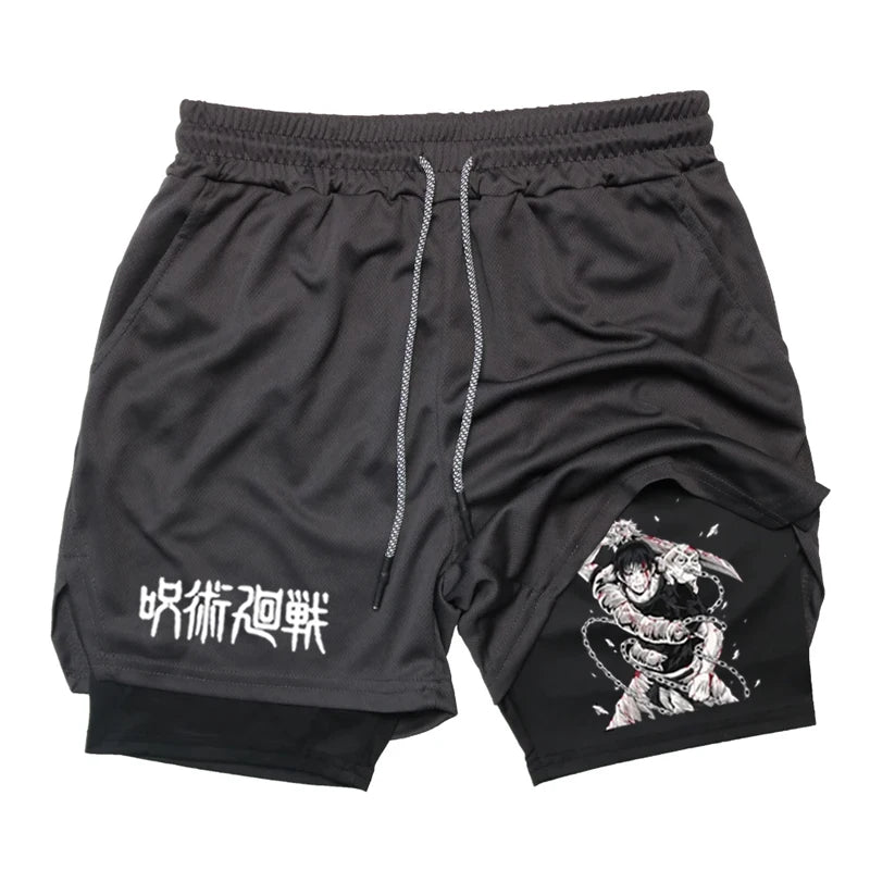 Anime Performance Shorts Toji Printed Men GYM Casual Sports Shorts Workout Running Mesh 2 in 1 Sport Short Pants