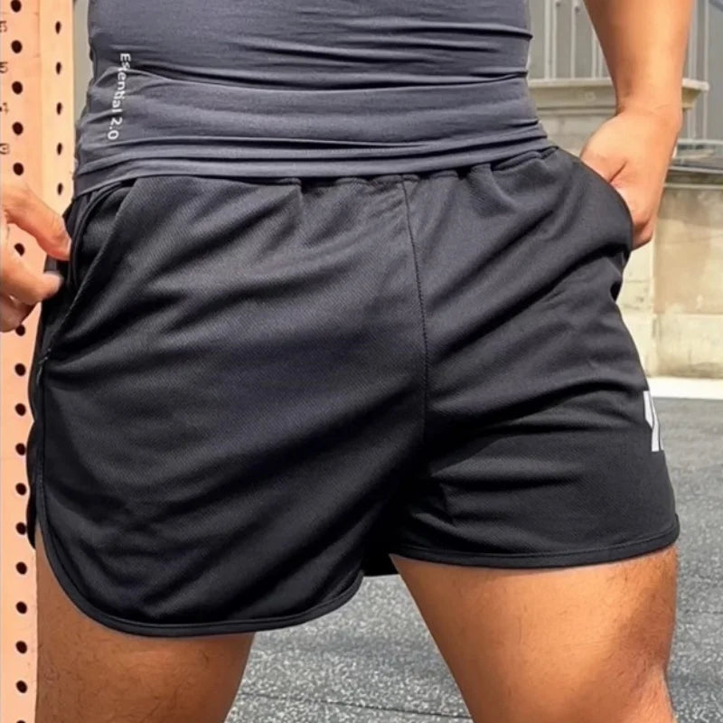 2024 Summer Breathable Three-Point Beach Shorts Men'S Elastic Gym Fitness Training Shorts Sports Zipper Pocket Mesh Men Shorts