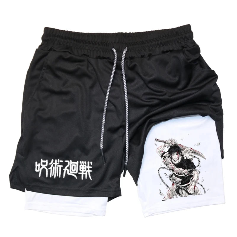 Anime Performance Shorts Toji Printed Men GYM Casual Sports Shorts Workout Running Mesh 2 in 1 Sport Short Pants