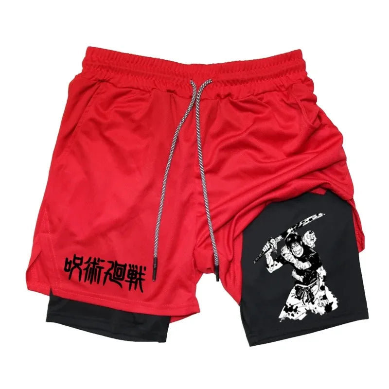 Anime Performance Shorts Toji Printed Men GYM Casual Sports Shorts Workout Running Mesh 2 in 1 Sport Short Pants