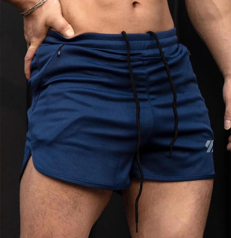 2024 Summer Breathable Three-Point Beach Shorts Men'S Elastic Gym Fitness Training Shorts Sports Zipper Pocket Mesh Men Shorts