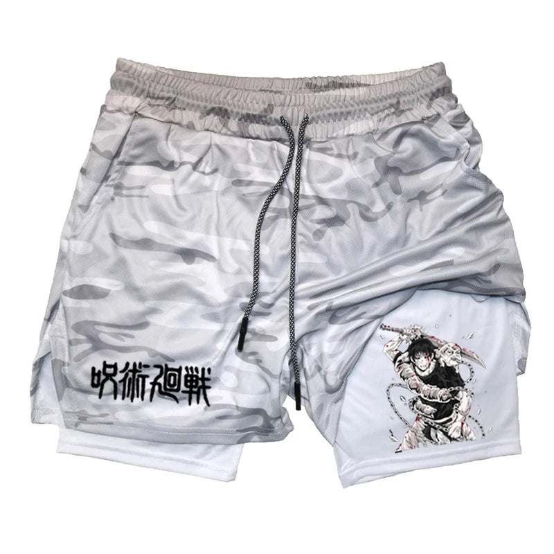 Anime Performance Shorts Toji Printed Men GYM Casual Sports Shorts Workout Running Mesh 2 in 1 Sport Short Pants