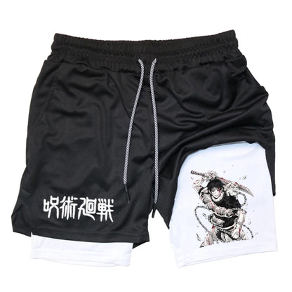Anime Performance Shorts Toji Printed Men GYM Casual Sports Shorts Workout Running Mesh 2 in 1 Sport Short Pants