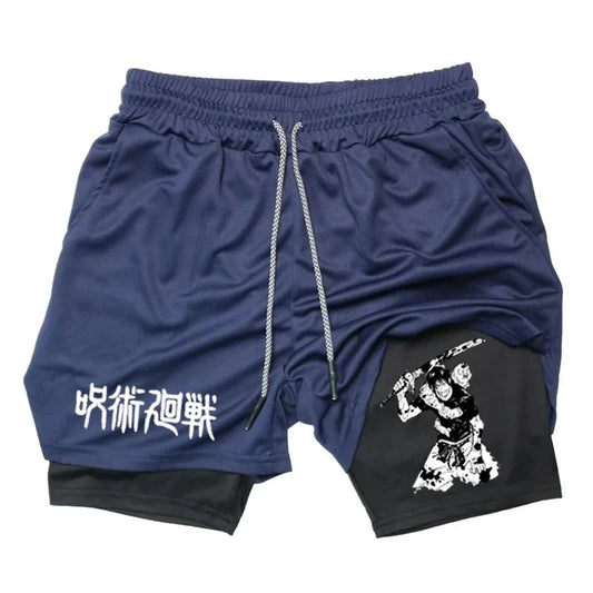 Anime Performance Shorts Toji Printed Men GYM Casual Sports Shorts Workout Running Mesh 2 in 1 Sport Short Pants